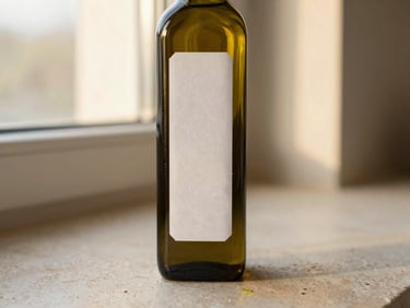 Artisanal olive oil bottle with a clean paper label on a textured stone surface, soft golden hour window light