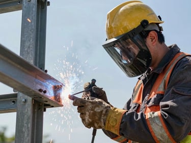 Close-up of a certified structural technician wearing safety gear, welding a heavy-duty metal frame for a commercial sign, bright sparks, midday sun.