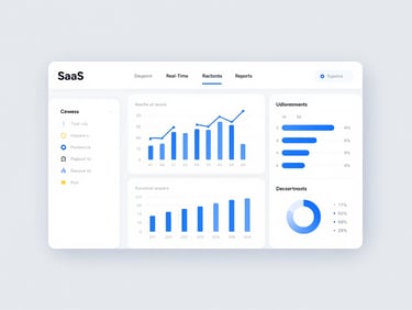 Crisp SaaS dashboard interface displaying real-time analytics and customizable reports, with various charts and graphs, bright studio light, pure white and soft gray tones, sharp focus.