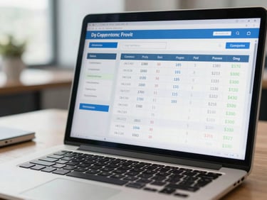 Close-up of a compliance reporting dashboard on a laptop screen showing completion rates, user statistics and regulatory submission status in a professional office environment, even daylight