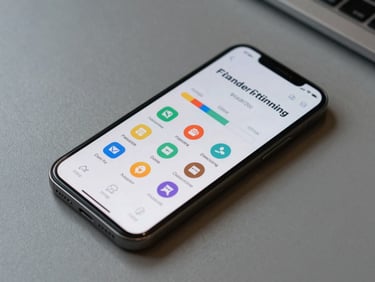 Overhead close-up of a smartphone displaying a structured financial literacy training screen with module icons and a progress bar, placed on a slate-gray office desk, flat even lighting