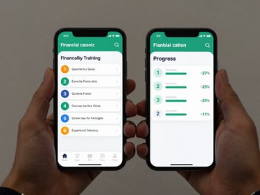 Two smartphones side by side showing different screens of a mobile compliance training app—one displaying a financial literacy quiz module and the other a user progress dashboard with completion percentages—held upright against a neutral background, sharp even studio lighting, no reflections