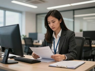 Professional bank compliance officer reviewing regulatory documents at a clean desk in a modern Ecuadorian bank office, even overhead office lighting, medium shot