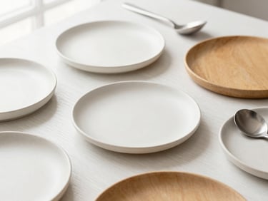 Flat-lay architectural crop of matte ceramic plates and brushed steel kitchen tools on a white oak surface, soft morning light