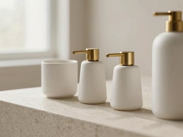 Close-up of matte ceramic bath accessories on a clean stone counter, soft side-light, warm brass accents