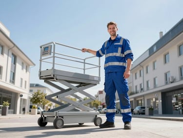 Professional VSR-MONTE-CHARGE operator in high-visibility gear, smiling confidently next to a furniture lift control panel, bright daylight, urban French environment. Low-angle shot showing height and stability.