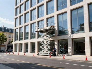 Furniture lift deployed to a high-floor window, with safety cones and clear perimeter markings on the street below, operator supervising, bright daylight, urban French environment. Wide-angle architectural perspective.