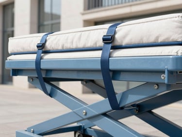 Close-up of heavy furniture securely strapped to a furniture lift platform, showing robust straps and padding, bright daylight, urban French environment. Sharp focus on secure knots.