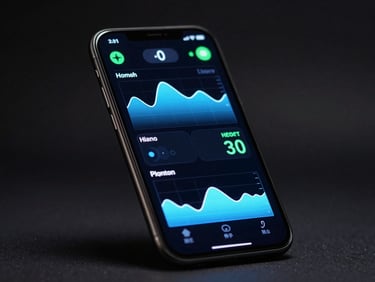Sleek Android phone displaying a health monitoring app with electric blue telemetry graphs, dark studio background, sharp focus