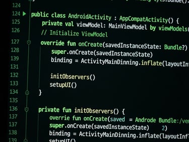 Macro close-up of a modern Android device screen displaying clean code lines in an IDE with electric green syntax highlighting, dark studio background, sharp focus