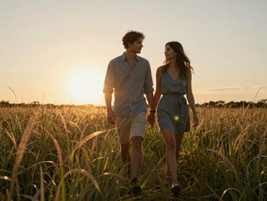 Candid shot of a couple walking through tall grass at sunset, warm backlight, soft lens flare.