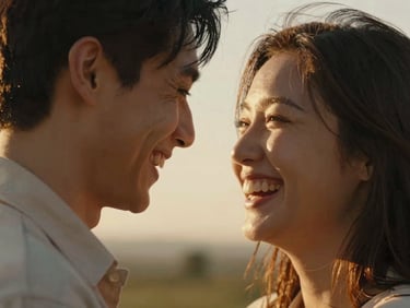 Cinematic portrait of a laughing couple under golden hour light, tight crop on their expressions, warm and emotional.