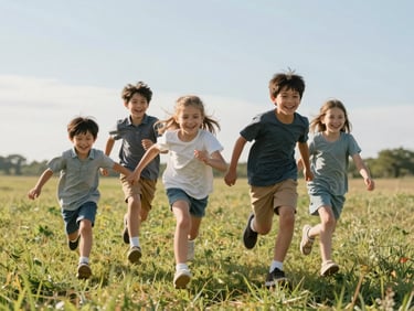 A young family running together in a sun-drenched field, children laughing, authentic motion