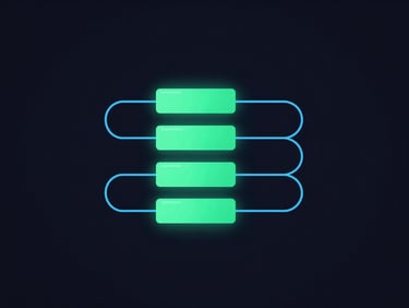 Minimalist vector diagram of a blockchain ledger with glowing neon green transaction blocks and flow lines, dark mode fintech aesthetic.