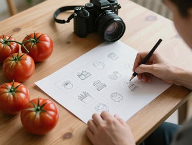 A wide overhead flat-lay of a wooden table in soft Scandinavian daylight, featuring fresh heirloom tomatoes, a camera on a tripod, and hands sketching a social media grid on crisp parchment paper.