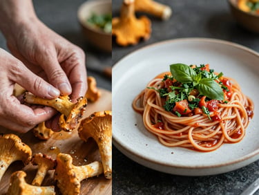 A split-screen style composition: on the left, a close-up of raw chanterelle mushrooms being cleaned; on the right, a beautifully plated pasta dish on a rustic ceramic plate.