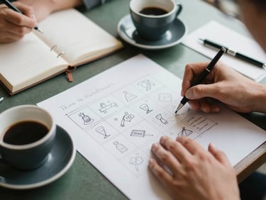 Overhead flat-lay of a creative marketing planning session, hands sketching social grids on parchment paper next to espresso cups, soft Scandinavian daylight, shallow depth of field.