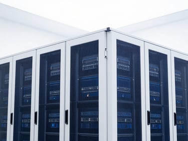Architectural detail of a modern data center, bright overcast daylight, clean white and deep blue tones, sharp focus, 35mm