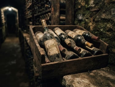 Moody film photography of dusty wine bottles in wooden crates, low-key natural cellar light, desaturated earthy tones, 35mm grain