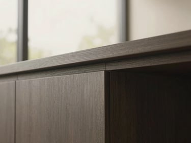 Close-up of a brushed steel and dark oak architectural detail, soft diffused natural daylight, wide cinematic frame.
