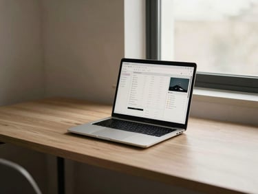 Clean, organized desk with a laptop displaying a project dashboard, warm light from a window, minimalist aesthetic