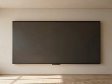 Minimalist architectural interior with a large digital screen showcasing a curated design product, soft diffused natural daylight