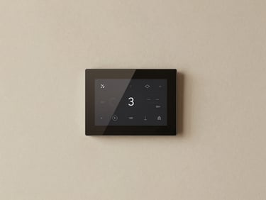 Abstract representation of a smart home interface seamlessly integrated into a minimalist wall, subtle digital elements