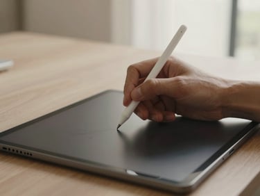 Close-up of a hand using a stylus on a sleek tablet, overlaying a digital design onto a physical space, warm editorial photography