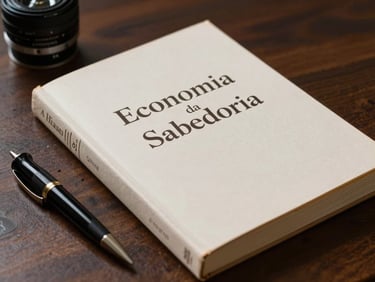 Detalhe em close-up do livro Economia da Sabedoria sobre uma mesa de madeira escura ao lado de uma caneta tinteiro elegante.