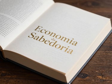 Elegant close-up of the book Economia da Sabedoria on a dark wooden desk, soft side lighting highlighting the paper texture and gold foil lettering
