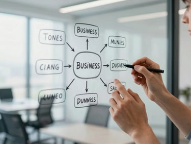 Close-up of hands sketching a business model on a transparent screen during a team workshop, modern editorial photography, bright natural daylight.