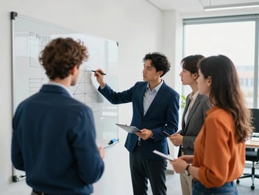 Collaborative team analyzing strategic diagrams on a whiteboard in a modern, sunlit office, focused professionals, deep blue and orange accents.
