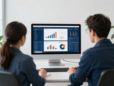 Two professionals reviewing a complex data visualization on a large monitor in a clean, minimalist office, deep blue and orange accents.