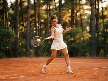 Medium action shot of a tennis player mid-swing on a swept clay court, late-afternoon golden hour light filtering through tall pine trees, 35mm film look.
