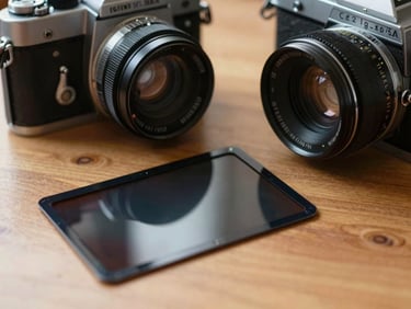 A textured close-up of medium format film negatives resting on a warm wooden table next to an antique camera, soft morning light