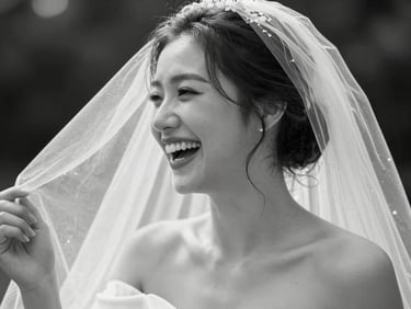 A candid black and white photo of a bride laughing, her veil caught in a gentle breeze, soft motion blur, high fashion editorial style