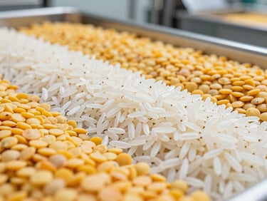 Close-up of sorted, pristine Basmati rice grains and yellow lentils in a modern processing facility, clean studio lighting.