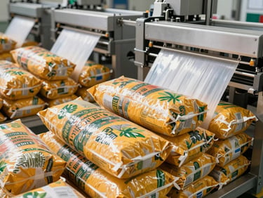 Modern packaging facility with automated machinery sealing bulk agricultural product bags, hygienic environment.