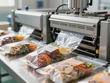 Modern, clean packaging facility with automated machinery sealing processed food pouches. Bright, natural daylight, sharp focus, professional B2B commercial aesthetic.