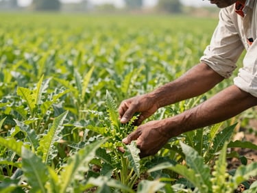 Indian farmer inspecting crops in a sun-drenched field, focus on hands and fresh produce, natural daylight.