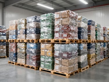 Interior of a large, modern cold storage facility, stacked pallets of packaged goods, clean, high-key studio lighting.