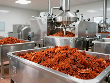 Interior shot of a clean, modern food processing facility, stainless steel equipment, high-key studio lighting, sharp focus.