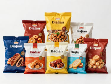 Assortment of modern packaged Indian processed food products, clean branding, high-key studio lighting.