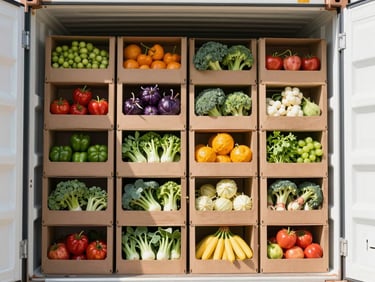 Interior view of a refrigerated shipping container with neatly stacked fresh produce boxes, clean and bright.