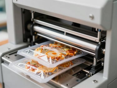 Close-up of modern packaging machinery sealing food products, clean environment, high-key studio lighting.