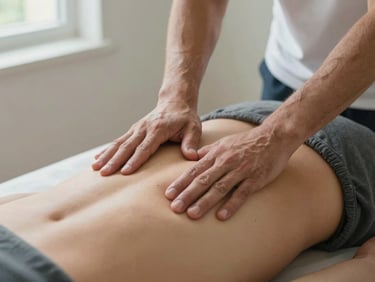 Physiotherapist's hands gently adjusting a patient's lumbar posture, treatment table visible, soft north-facing daylight, focus on the hands and lower back detail