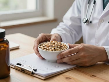Close-up of a nutritionist's hands placing a small bowl of legumes beside a handwritten food log on a wooden table, north-facing window light, shallow depth of field
