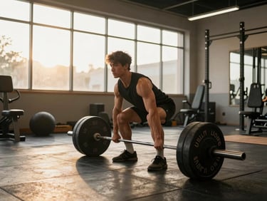 Athlete in mid-movement performing a controlled deadlift in a functional gym, golden-hour light through a high window, wide environmental shot showing real gym floor and equipment