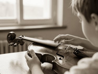 Close-up of a young student's hands gently touching an old violin in a classroom with soft window light, shallow depth of field, warm editorial photography, sepia tones.