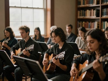 Musicians in intense, focused performance in a library setting, with audience members engaged in the background, low-key natural side-lighting, warm editorial photography.